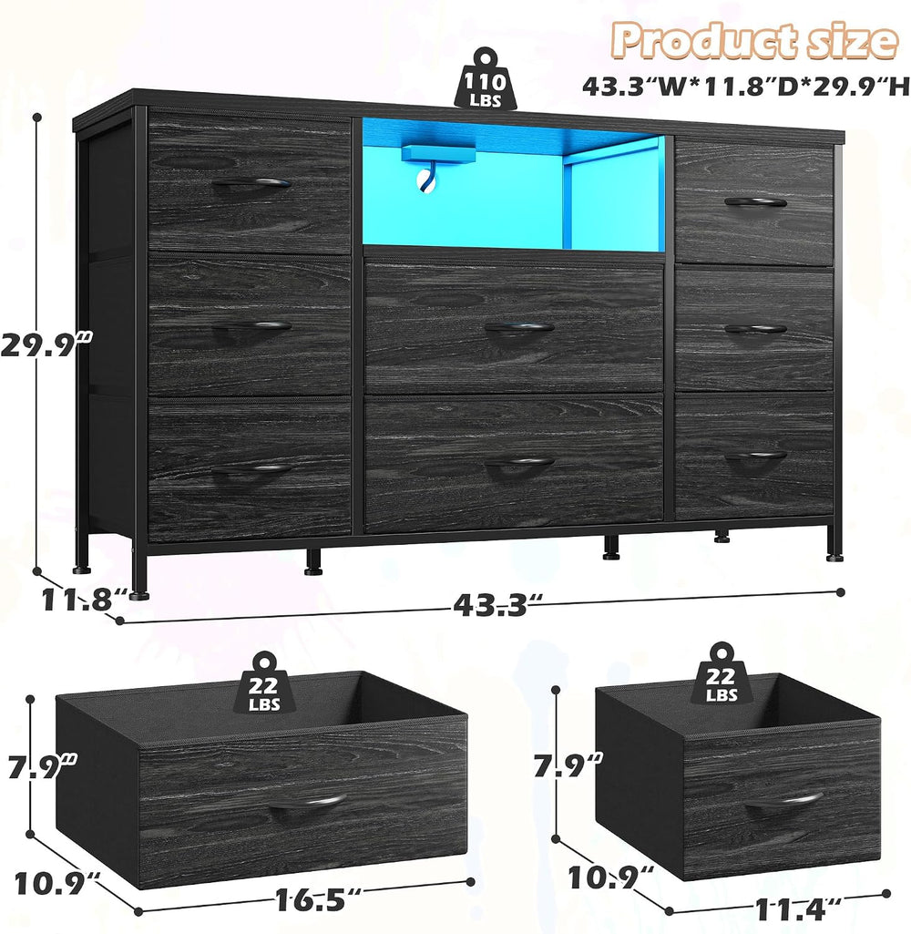 EnHomee Black Dresser for Bedroom with LED Lights & Charging Station