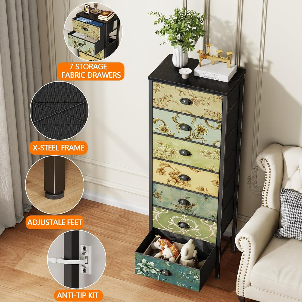 Furnulem 7 Drawer Tall Dresser for Bedroom, Vintage Fabric Chest of Drawers