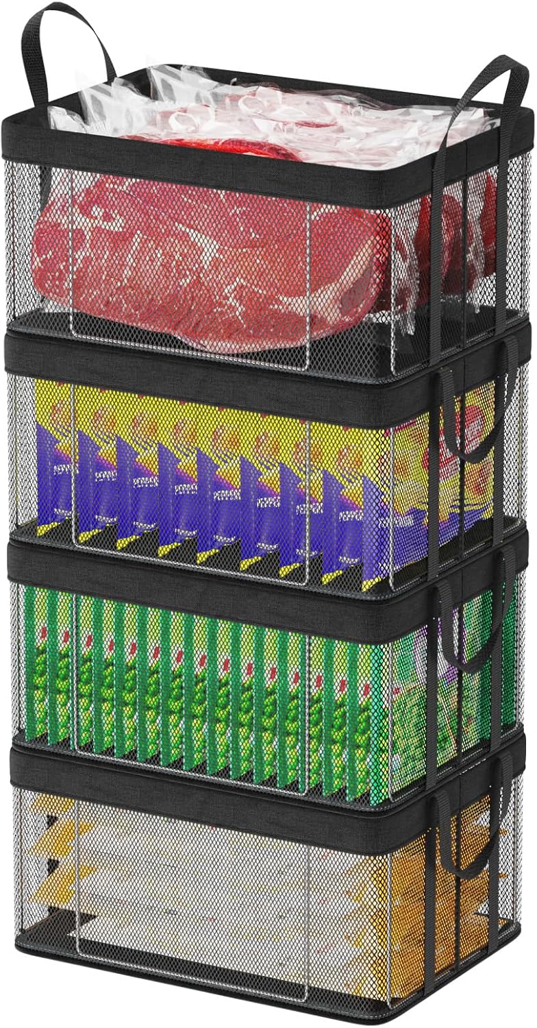 iSPECLE Deep Freezer Organizer Bins - Sturdy Fabric & Steel Support, 4 Pack
