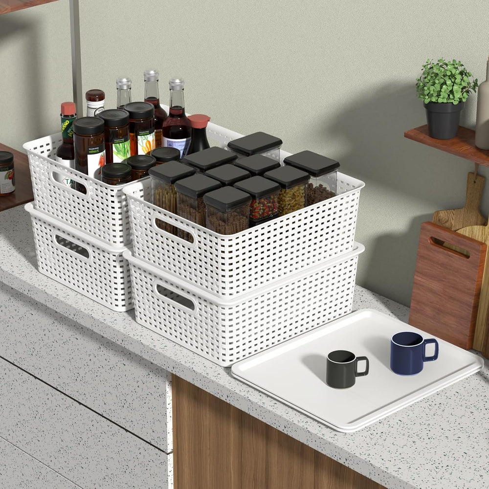 Plastic Storage Baskets with Lid, 6-Pack Organizer Bins, White