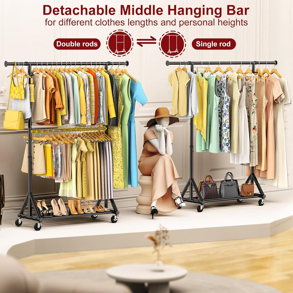 Heavy Duty Clothes Rack Load 760 LBS, Double Tier Rolling Garment Rack with W...