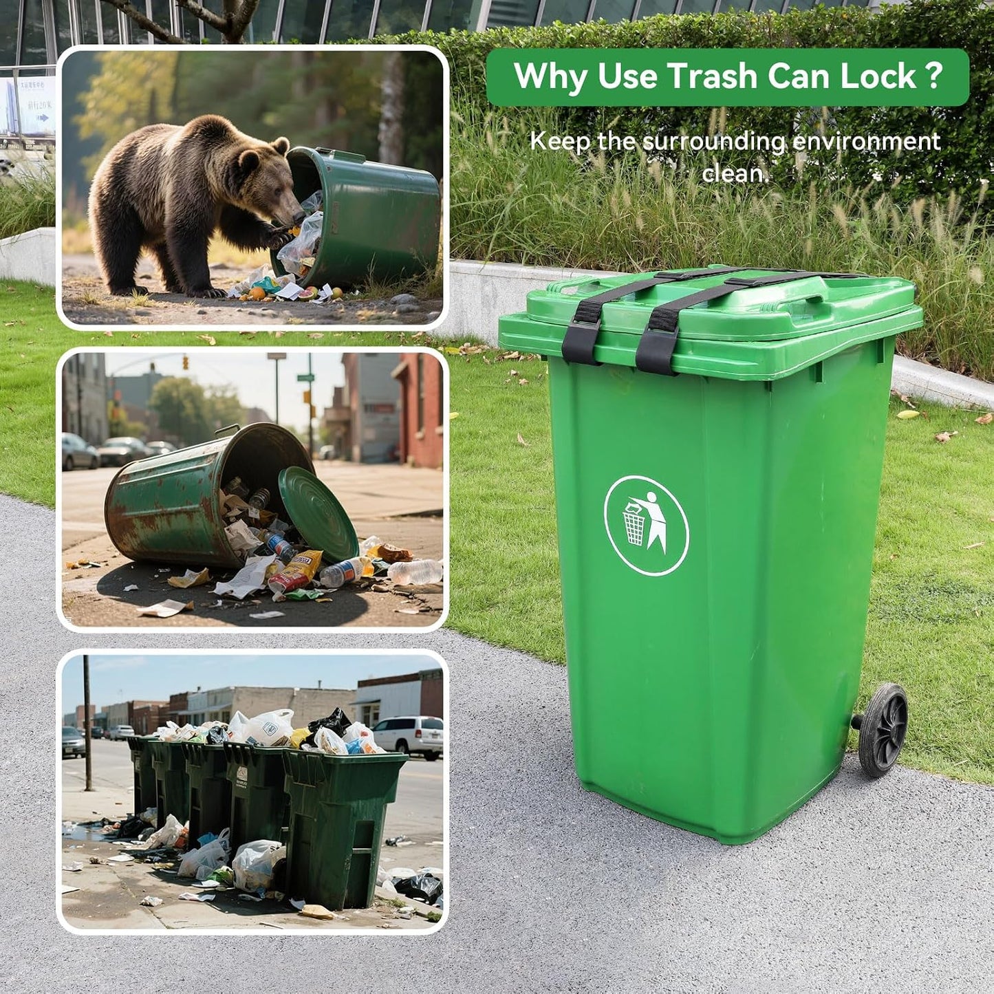 2PCS Trash Can Locks for Animals,Bear Proof Trash Can Locks with Durable Metal Claws, Adjustable Strap Fit for Most Outdoor Garbage Cans (28-96 Gallon)
