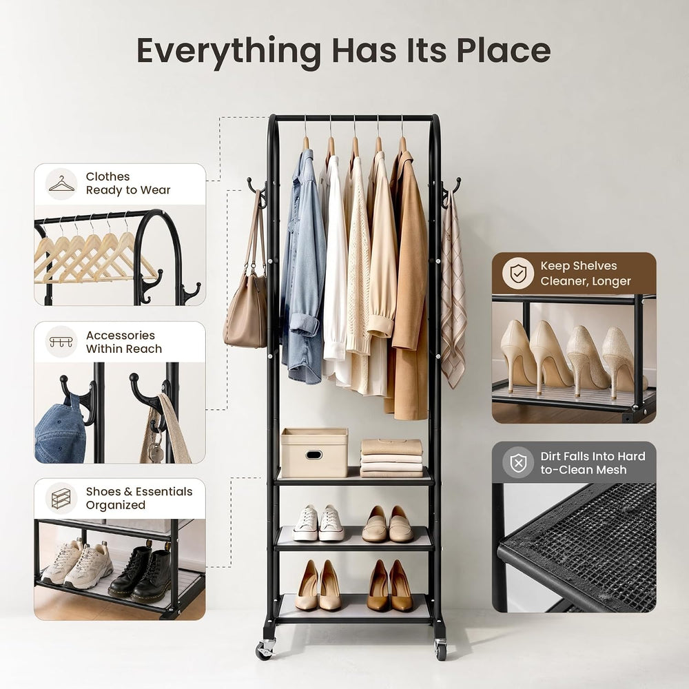 Cesun Small Clothes Rack with 3-Tier Mesh Shelves & 8 Hooks, Black