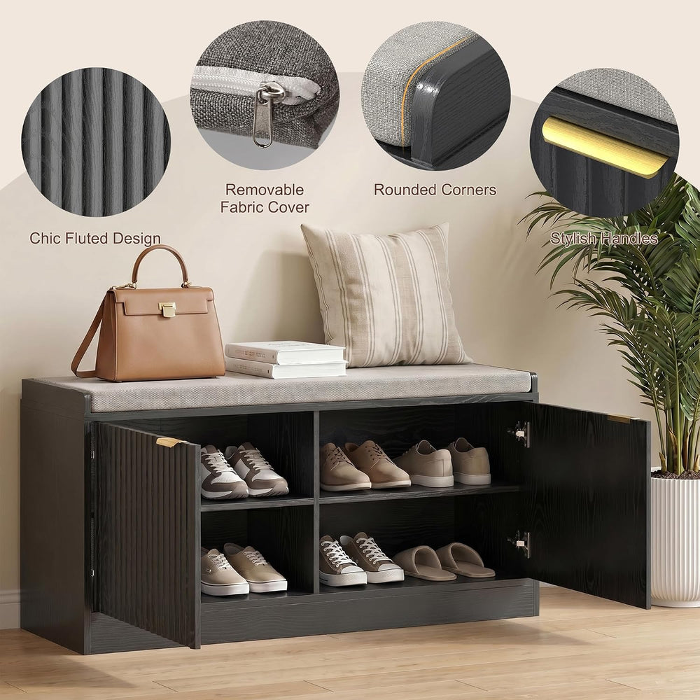 2-Tier Fluted Shoe Storage Bench with Adjustable Shelves and Cushion, Black丨E...