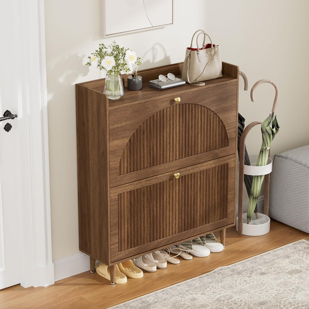 Shoe Storage Cabinet with 2 Flip Drawers (Walnut, 2 Flip Drawers)