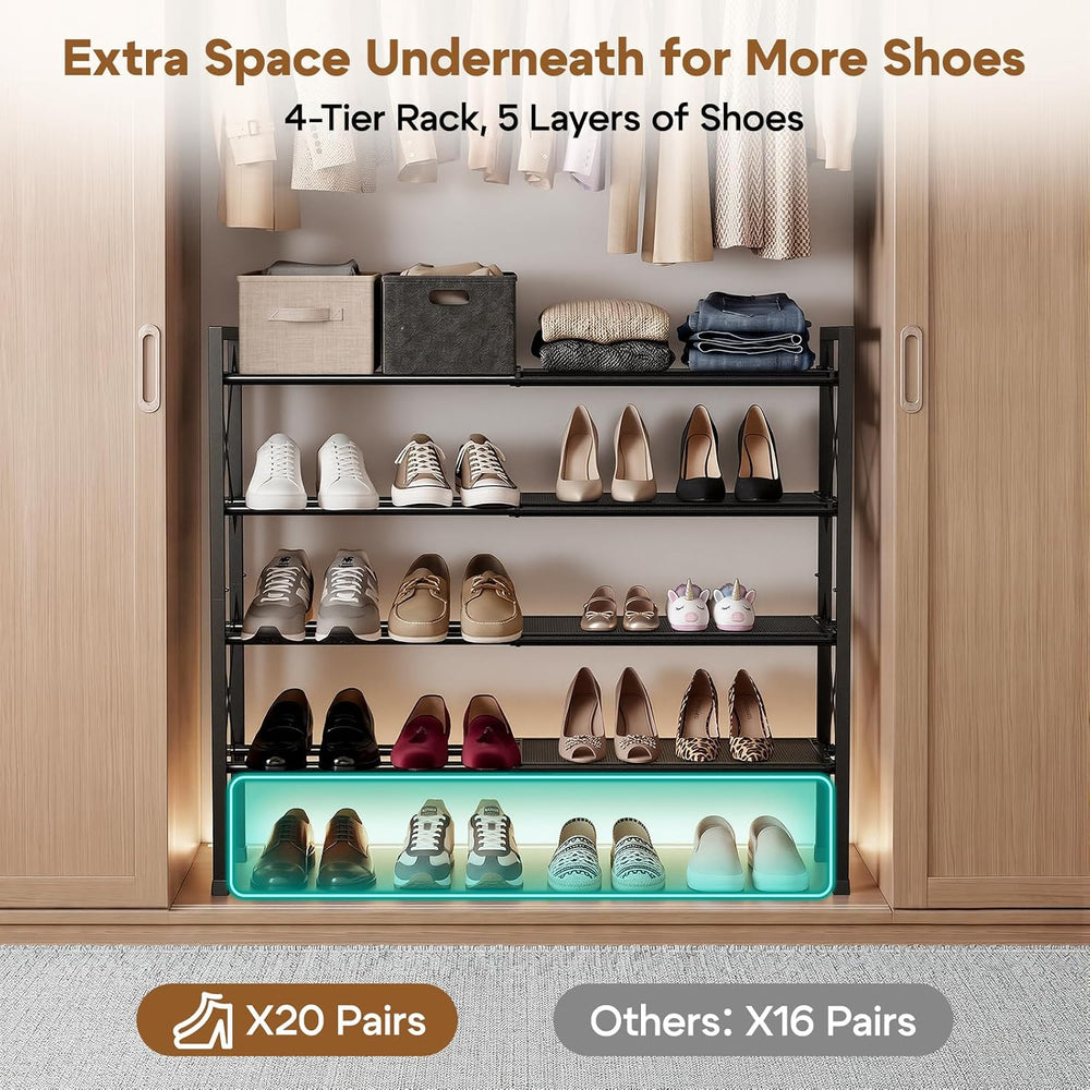 YEASHEIN 4-Tier Expandable Shoe Rack Organizer with Wire Mesh Shelf - Black