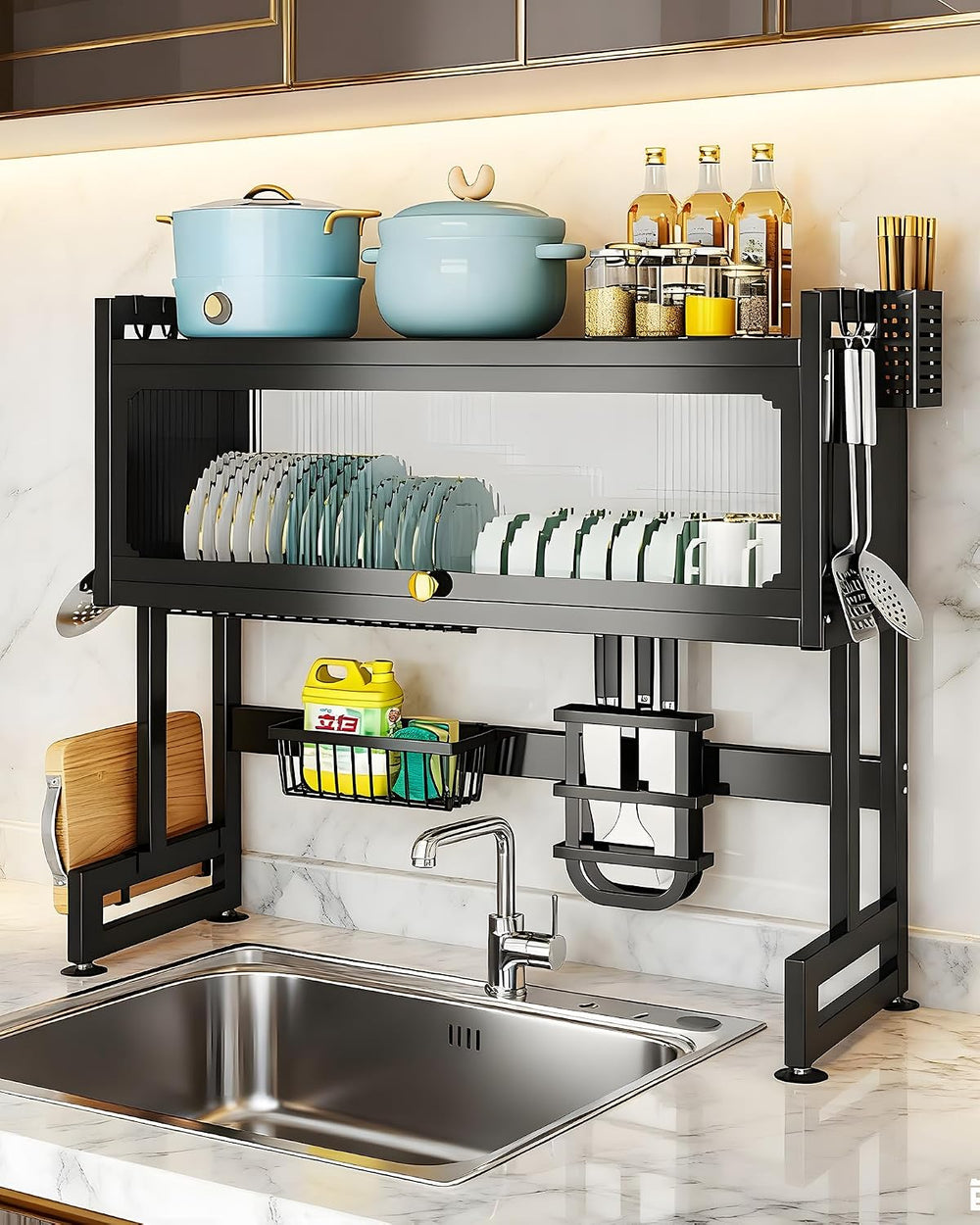 Over the Sink Dish Drying Rack with Cover 2 - Tier Large Dish Drainer Racks f...