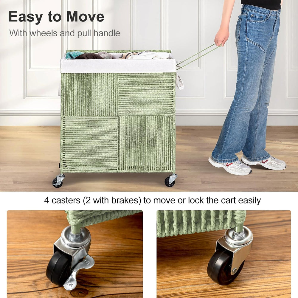 WOWLIVE Double Laundry Hamper with Wheels, Handwoven Rolling Laundry Basket
