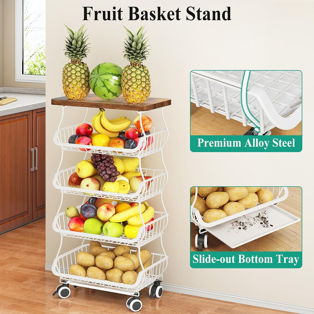 SAYZH 5-Tier Fruit and Vegetable Basket Stand for Kitchen, Wood Top, White