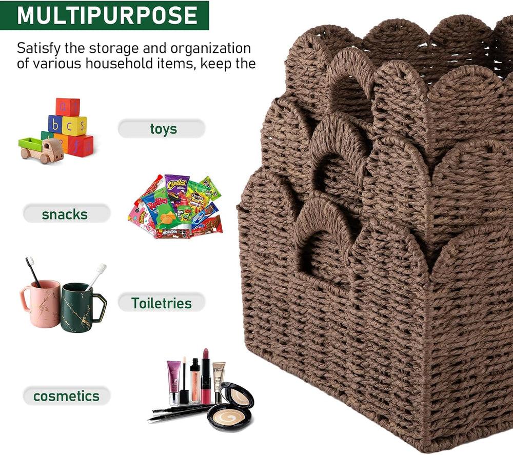 OIAHOMY Scalloped Wicker Baskets, Hand-woven Storage Baskets with Built-in Ha...