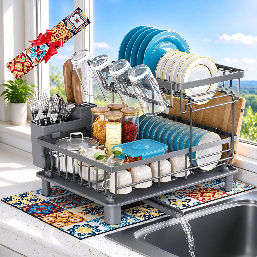 2 Tier Large Detachable Dish Drying Rack for Kitchen Counter, Gray