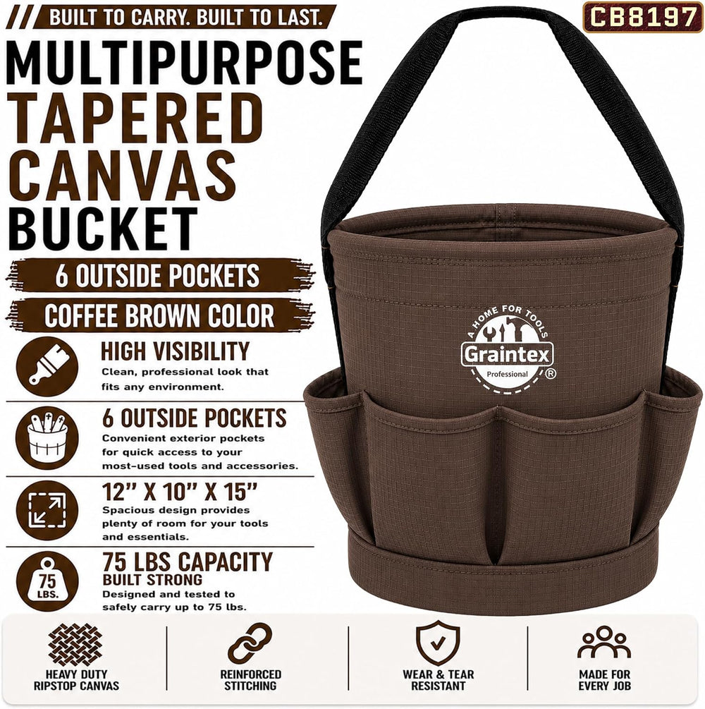 Graintex Tapered Canvas Bucket 12"x10"x15", Utility Tool Bucke...