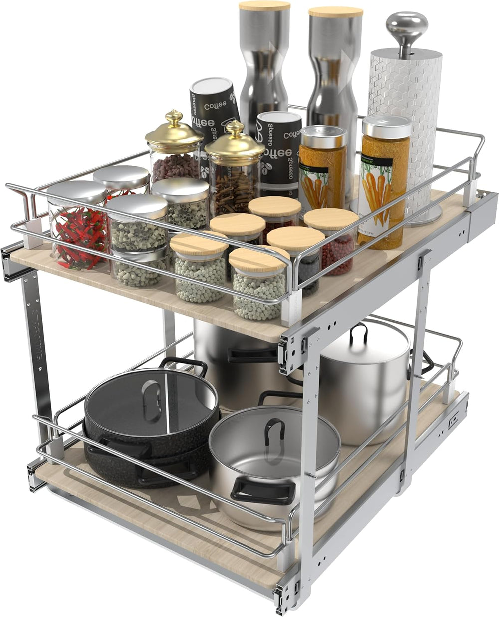 2 Tier Pull Out Cabinet Organizer 14.45" W X 22" D, Wood & Chromed