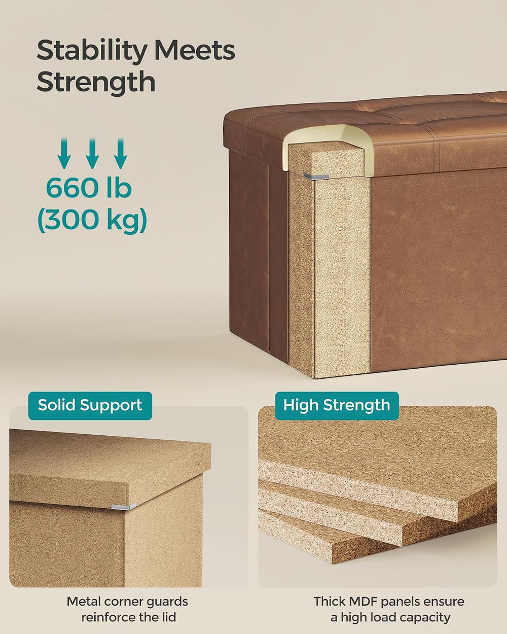 SONGMICS Storage Ottoman Bench, 30 Inches Folding Foot Rest Stool