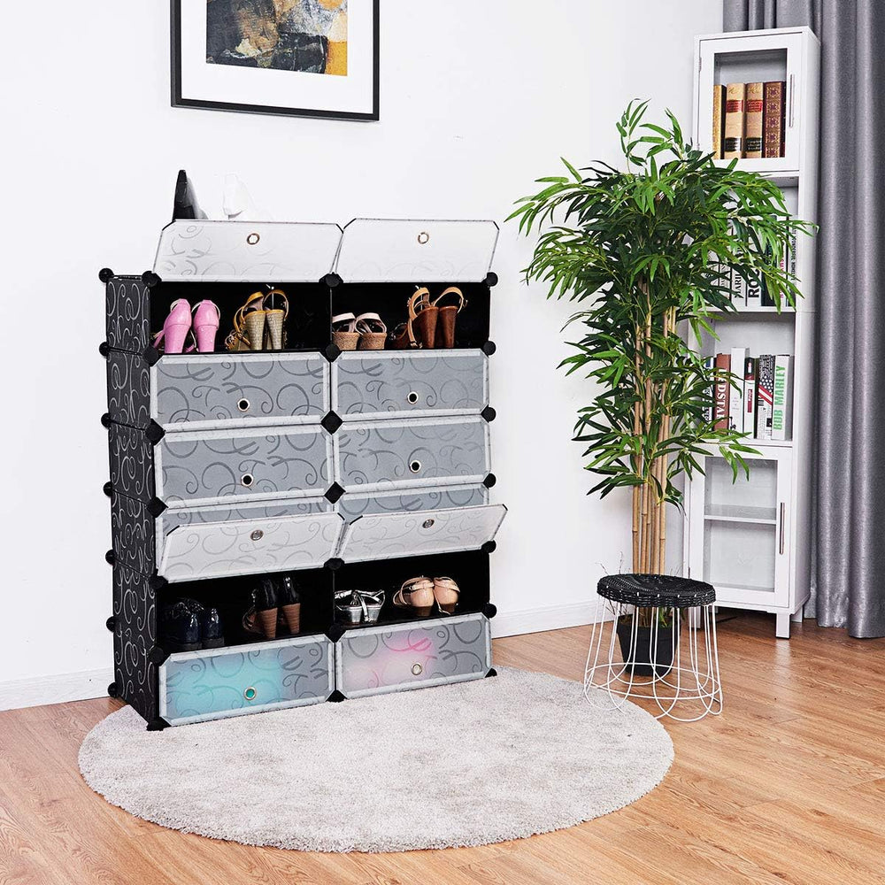 HAPPYGRILL Shoe Rack Organizer, 12-Cube Modular Plastic Shoes Storage Cabinet...
