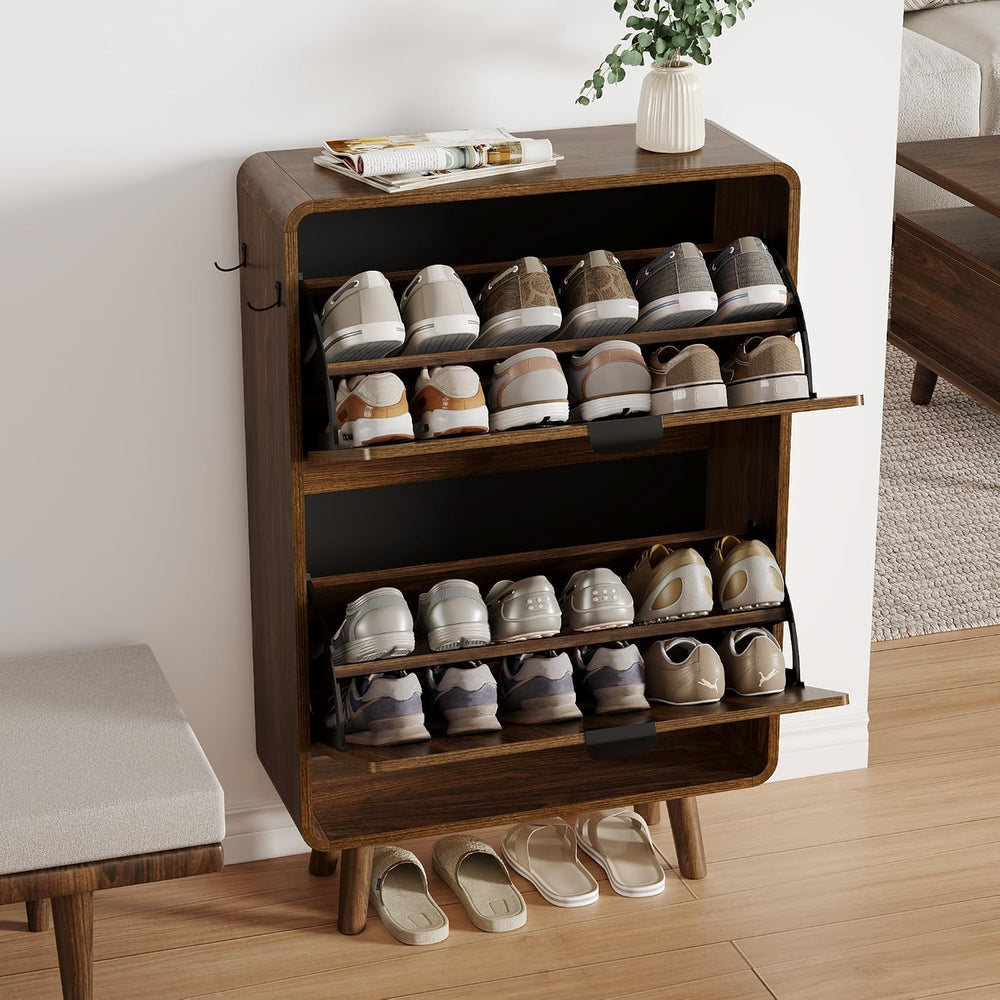 3imothrix Fluted Shoe Cabinet for Entryway with 2 Flip Drawers, Walnut