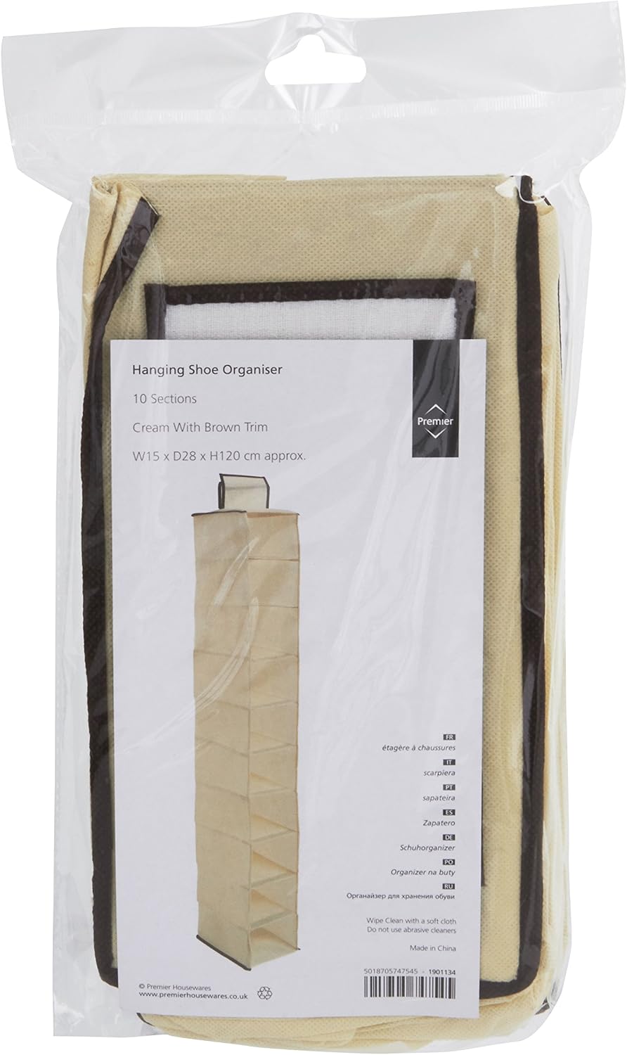 Premier Housewares Ten Section Hanging Shoe Organiser - 1 Piece, Cream,28 x 1...