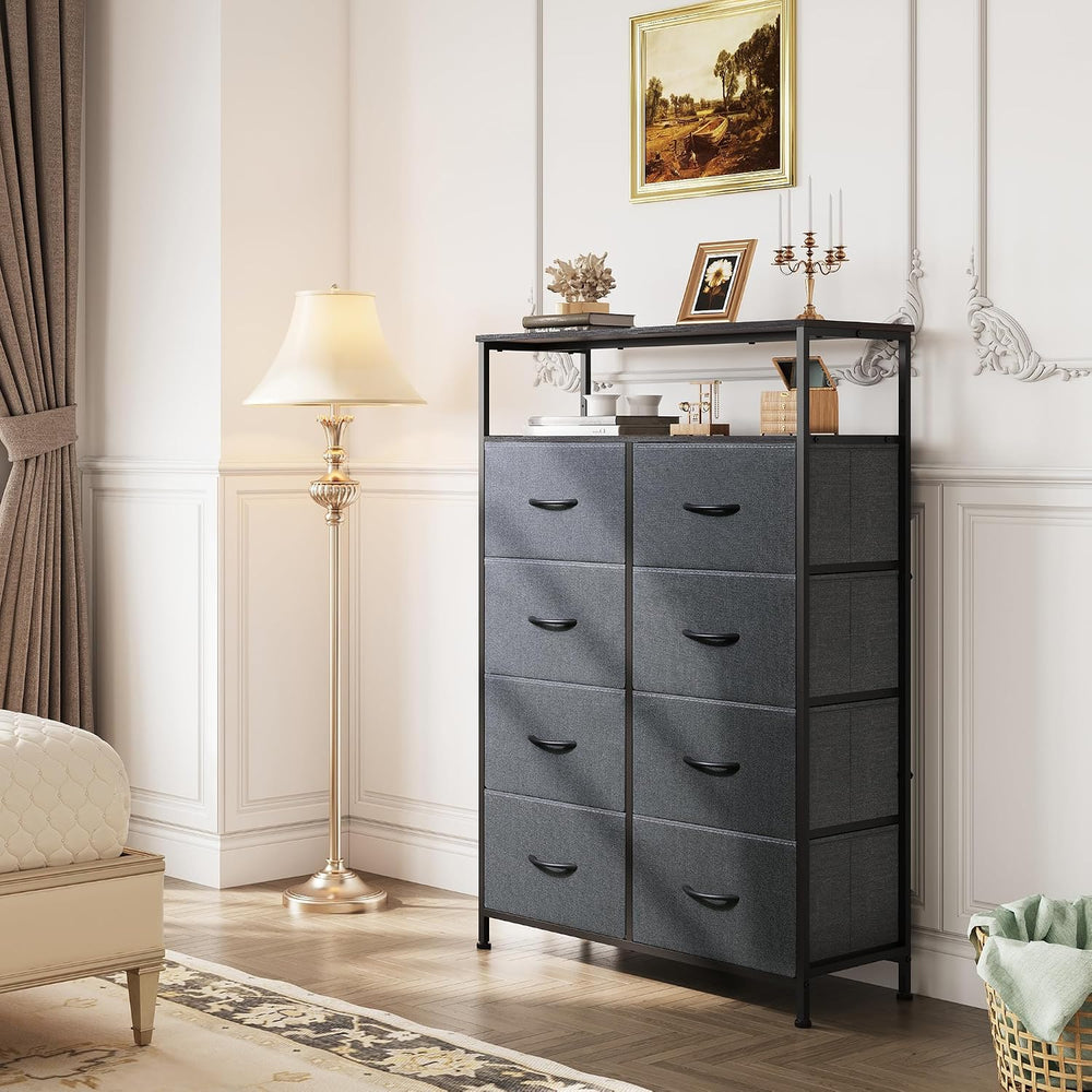 WLIVE 8 Drawer Fabric Dresser Open Shelves, Tall Bedroom Chest, Dark Grey