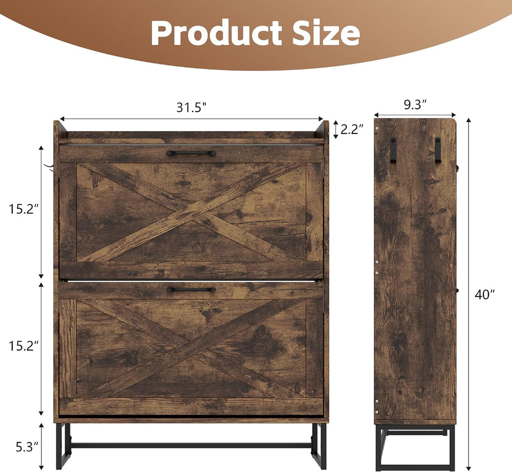 NUNU LAB Farmhouse Shoe Cabinet Storage for Entryway with 2 Flip Drawers &...