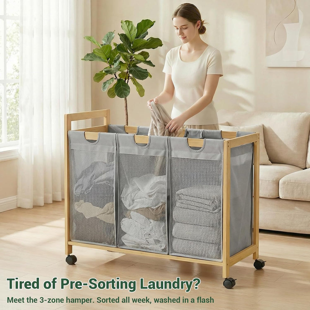 Homykic 250L Laundry Sorter with Wheels, 3-Section Laundry Hamper, Grey