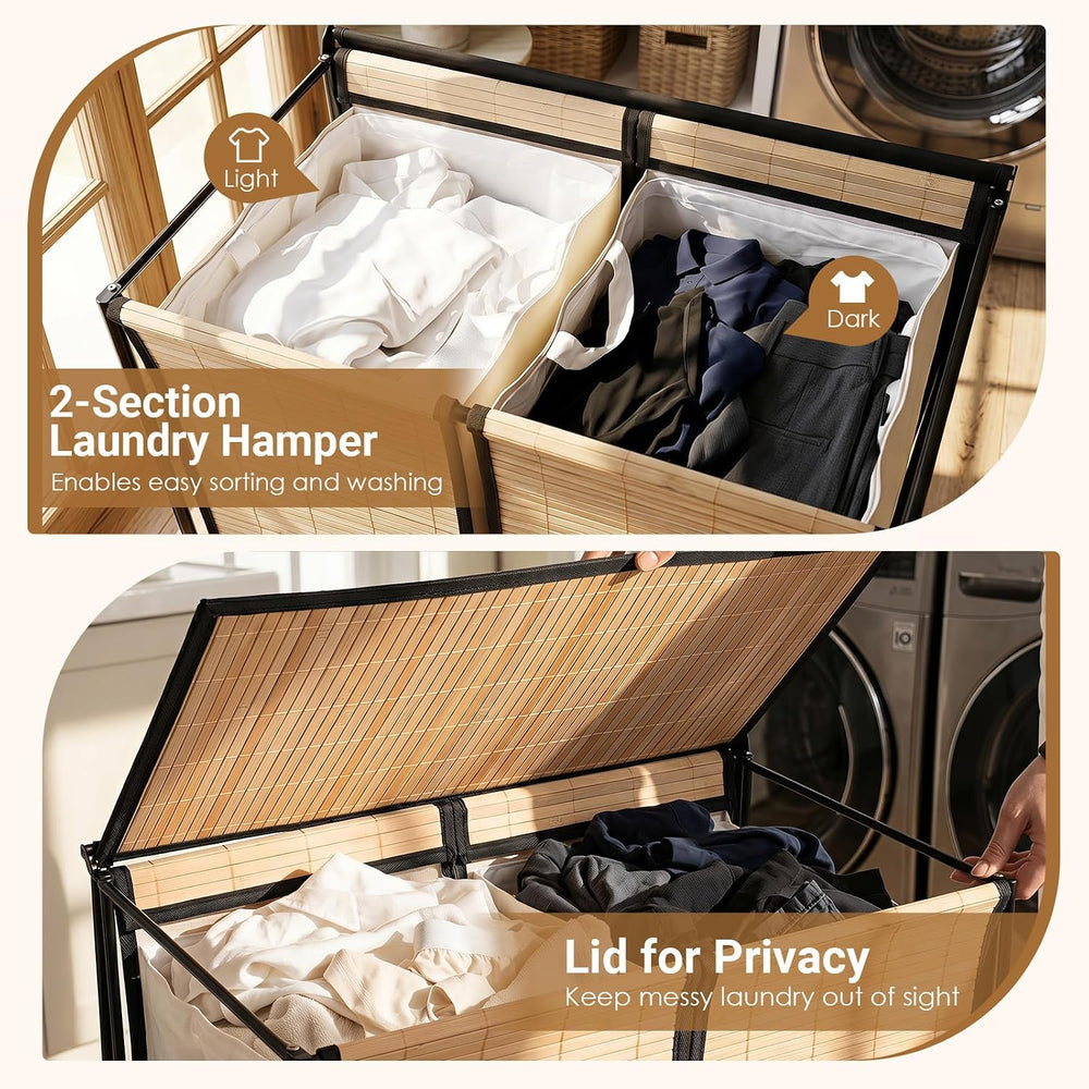 GOFLAME Bamboo Laundry hamper with Lid, 2-Section Rolling Laundry Basket with...