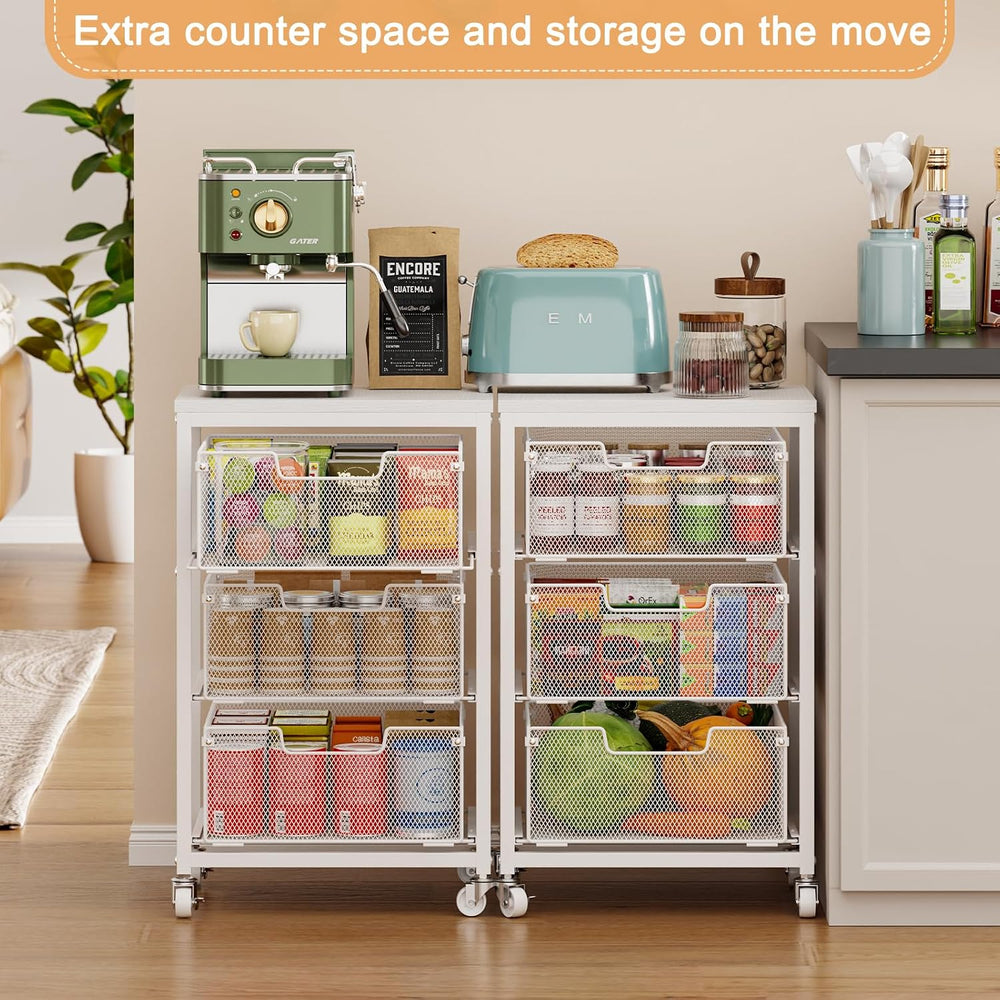 Kitchen Cart with Storage, 3-Tier Pantry Organizer and Storage Cart with Draw...