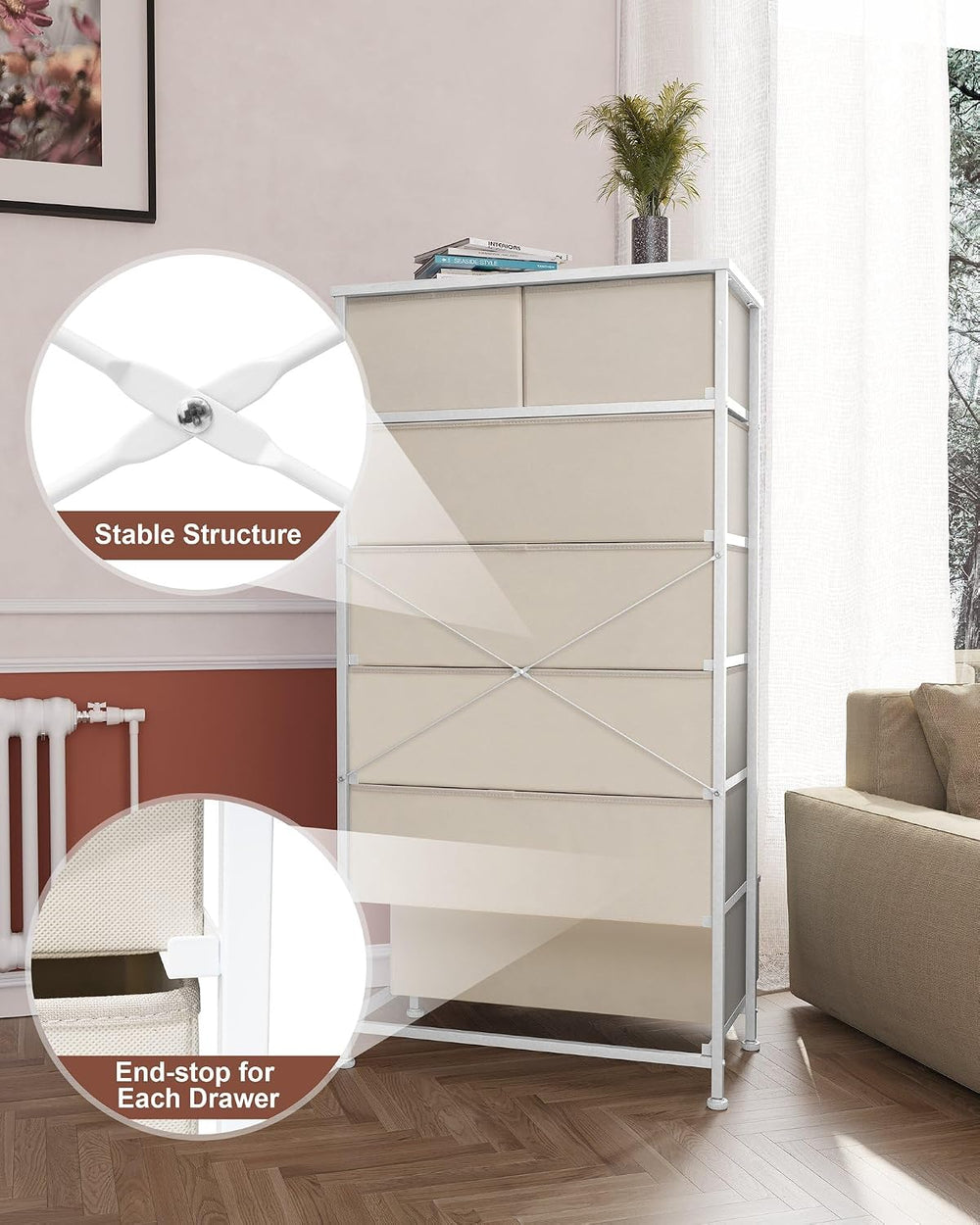 Fabric Dresser with 7 Drawers, Vertical Storage Tower (Beige)