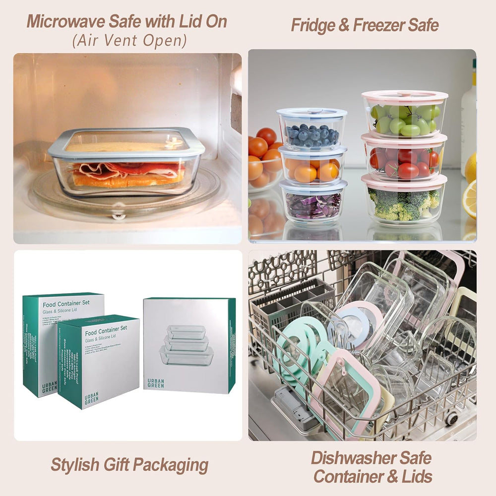 Urban Green Glass Food Container Set with Silicone Glass Lid, Square & Ro...