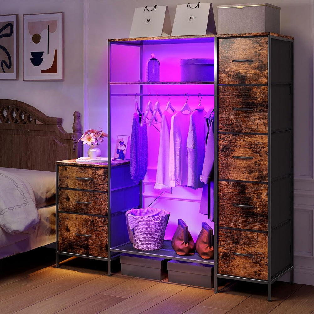 Clothes Rack with 8 Drawers, 4 Shelves & LED, 55" W×57" H Dress...