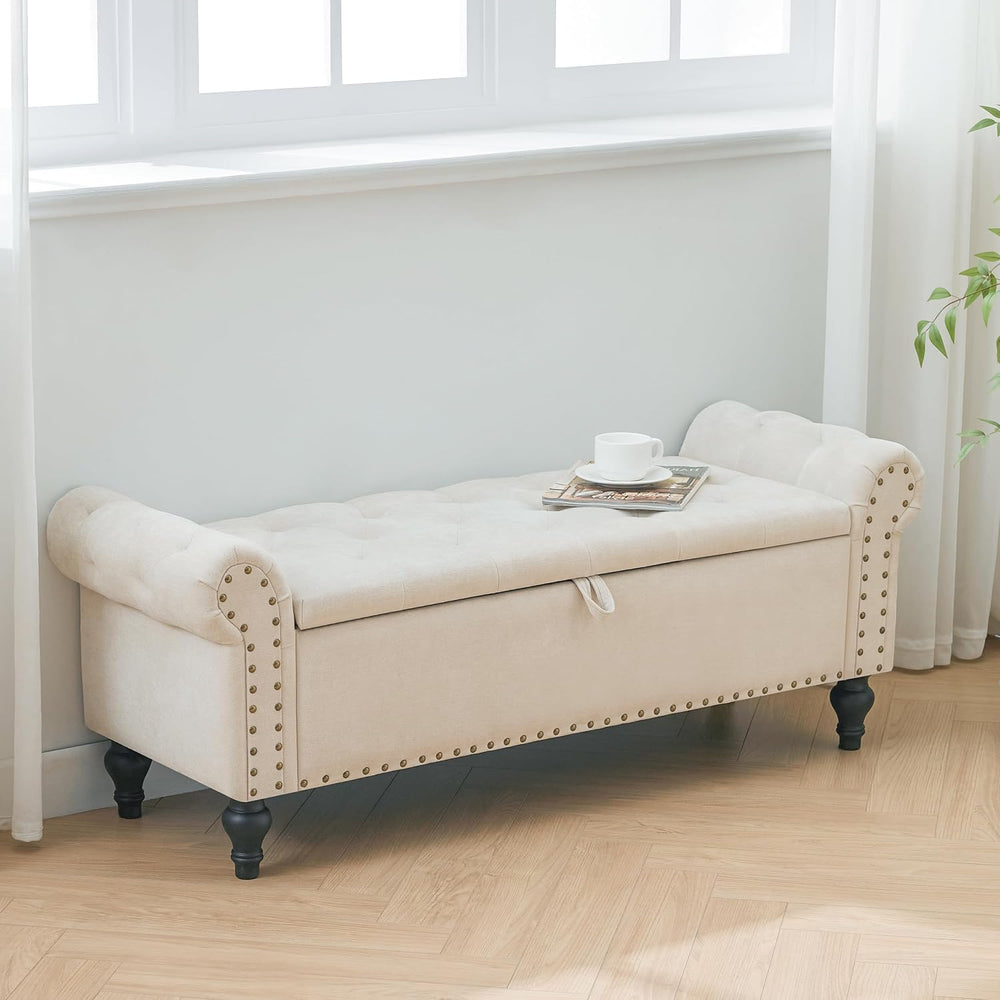 51" Storage Bench for Bedroom, Upholstered Ottoman Bench, Chenille Beige