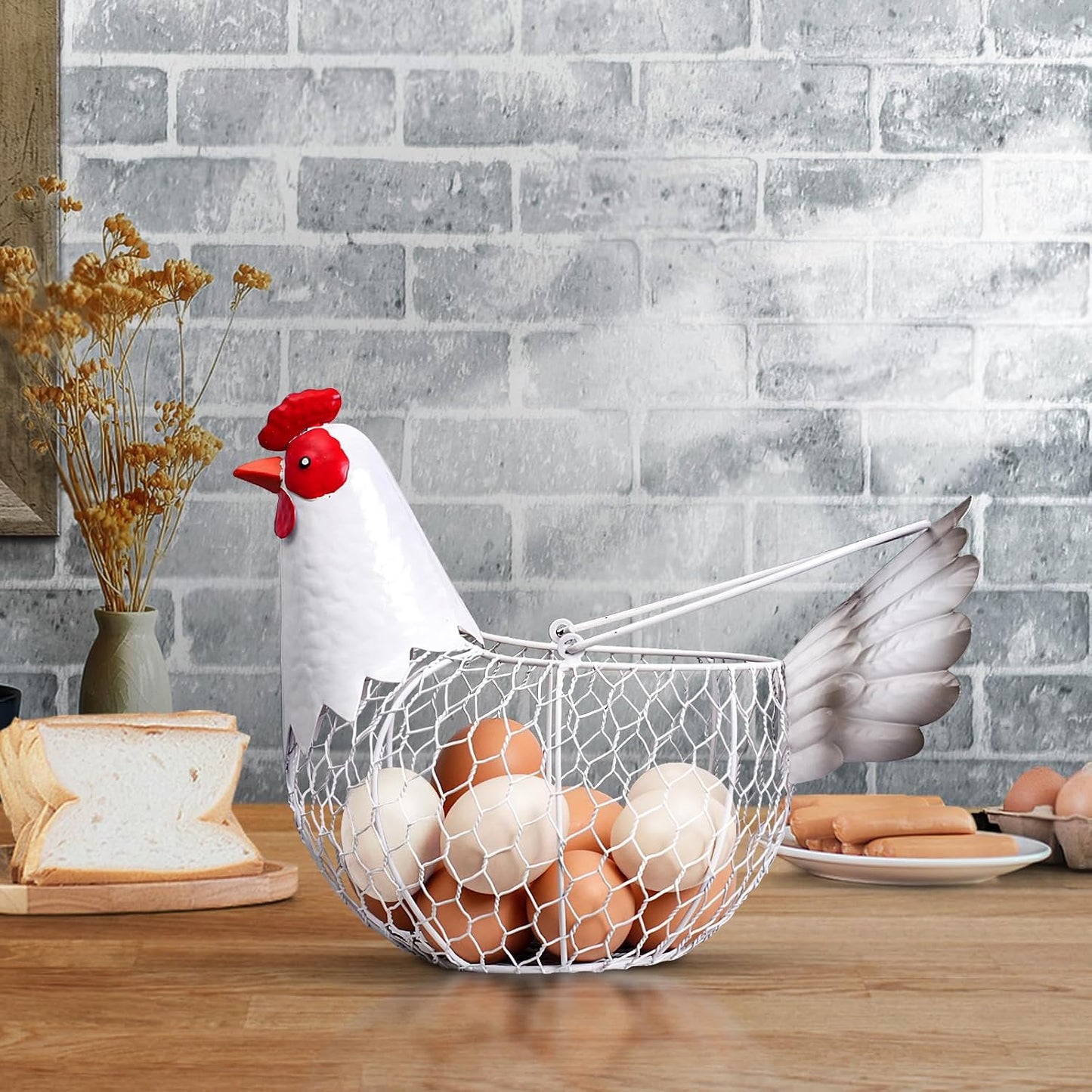 Farmhouse Metal Chicken Wire Egg Basket,Eggs Holder Bowl Kitchen Countertop | Vintage Rooster Decorative Chicken Shaped Fruit Basket for Living Room Home Farm Decor