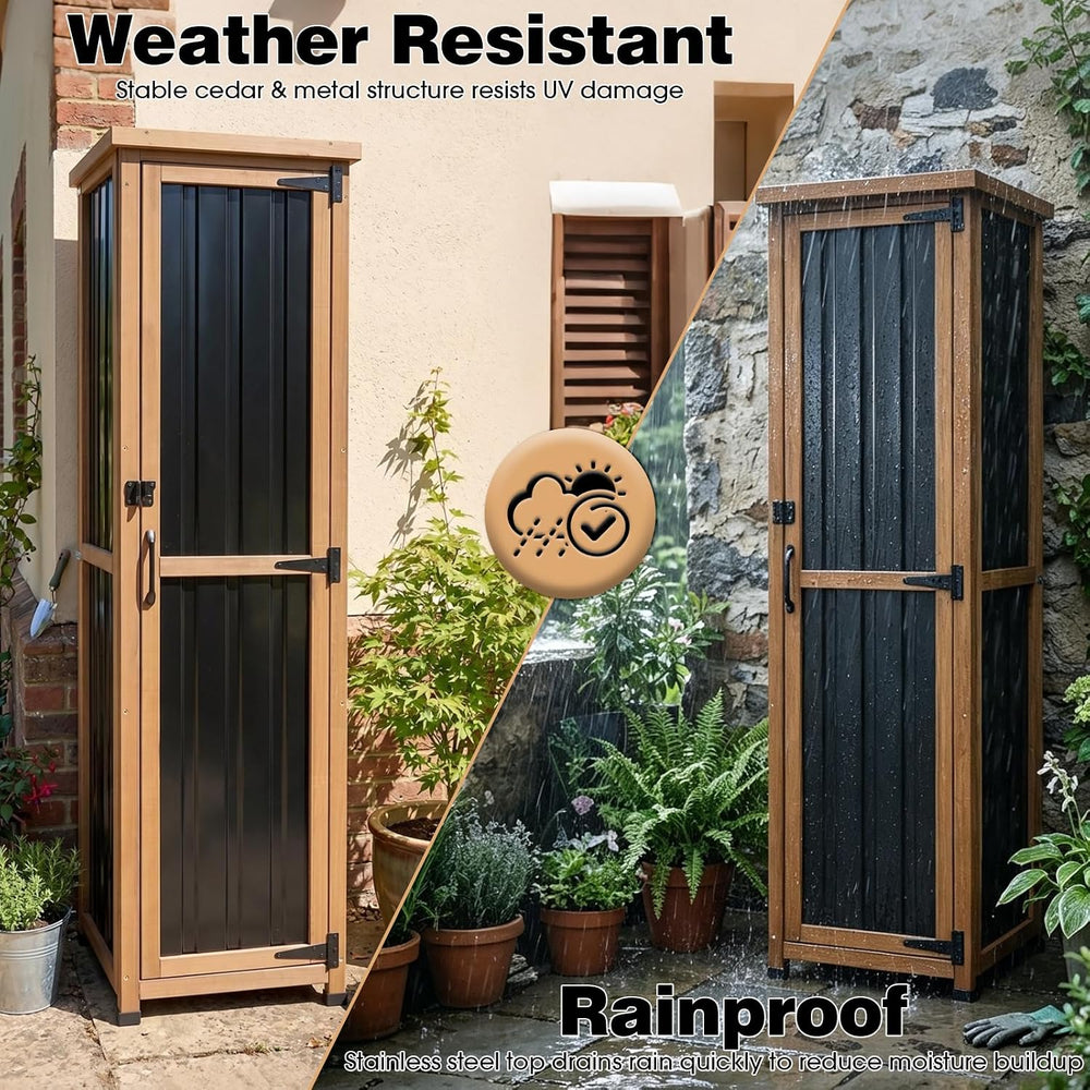 62" H Tall Narrow Outdoor Storage Cabinet with Metal Top, Outdoor Shed S...