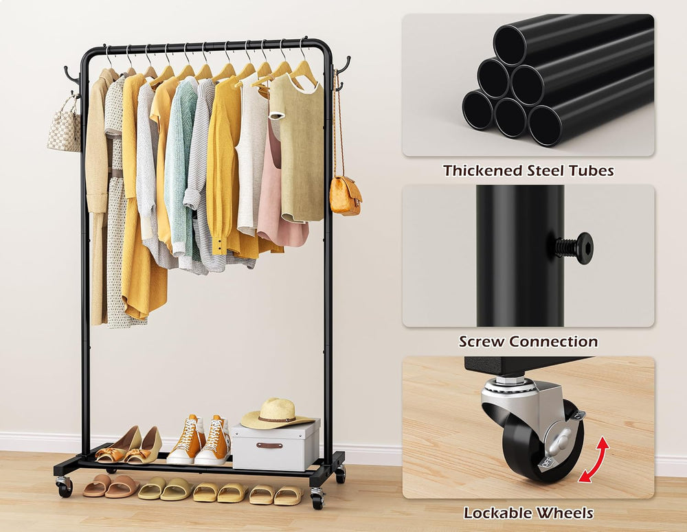 HOMIDEC Clothes Rail, 4 Side Hooks, Storage Shelf and Wheels, Metal, Black