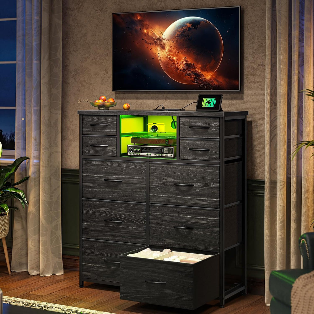 Romorgniz Black Dresser for Bedroom with 10 Drawers, LED & Charging Station