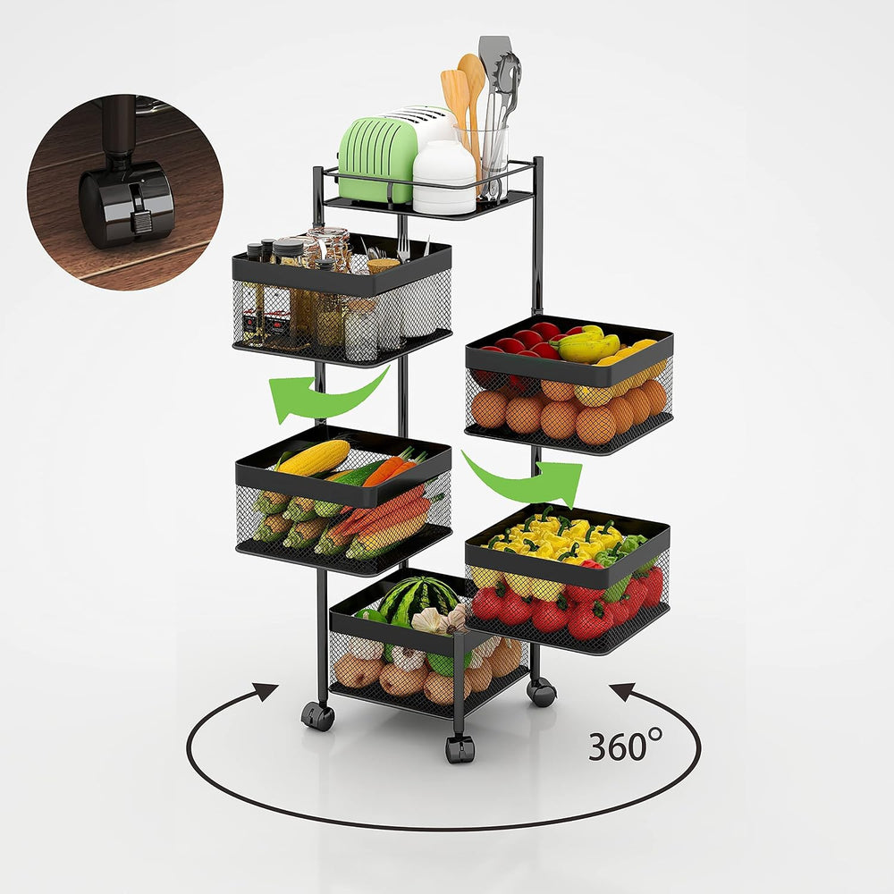 Fruit and Vegetable Basket for Kitchen No Assembly, Rotating Storage Rack,Bat...