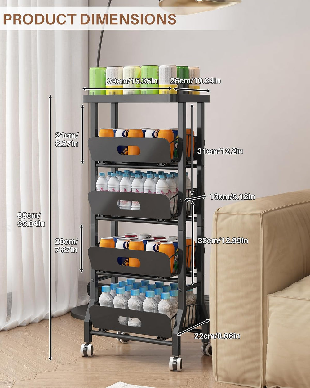 5-Tier Kitchen Storage Rolling Cart with 4 Drawers & Wheels,Black