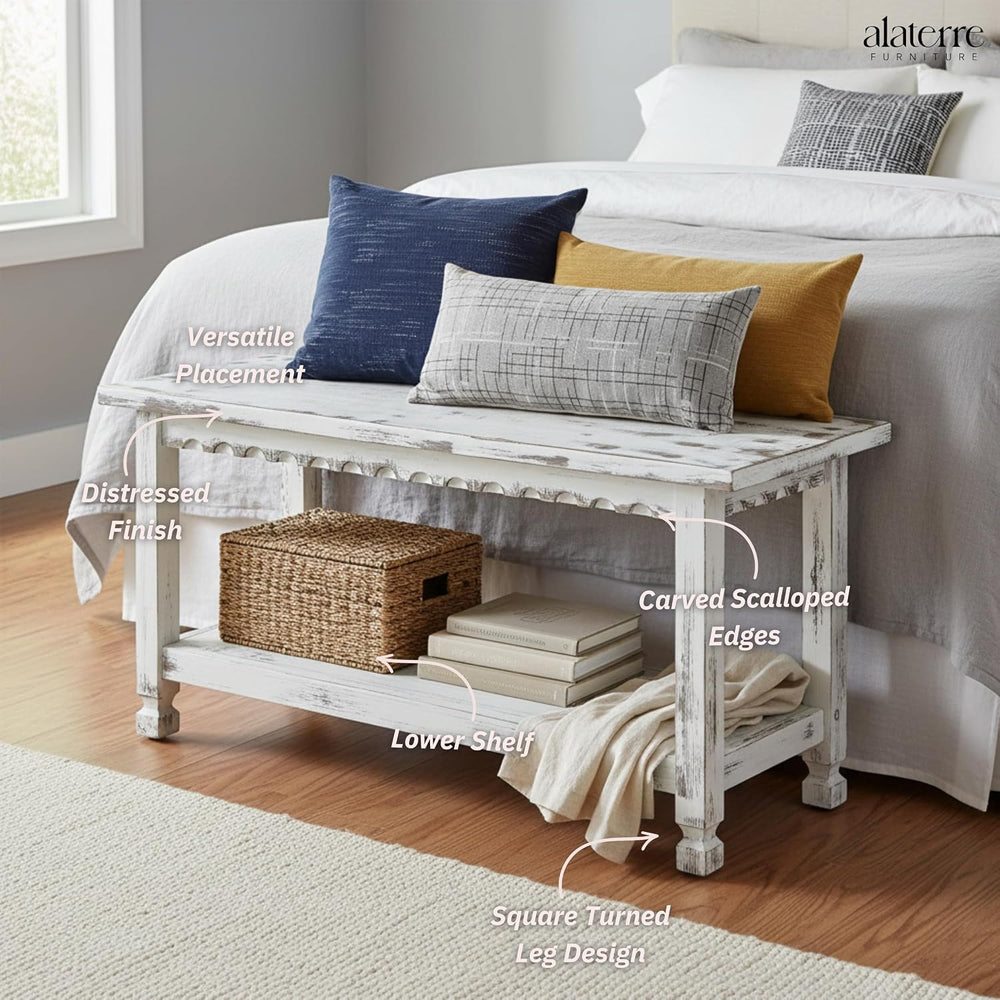 Country Cottage 36-Inch Farmhouse Entryway Bench with Storage Shelf – Solid P...