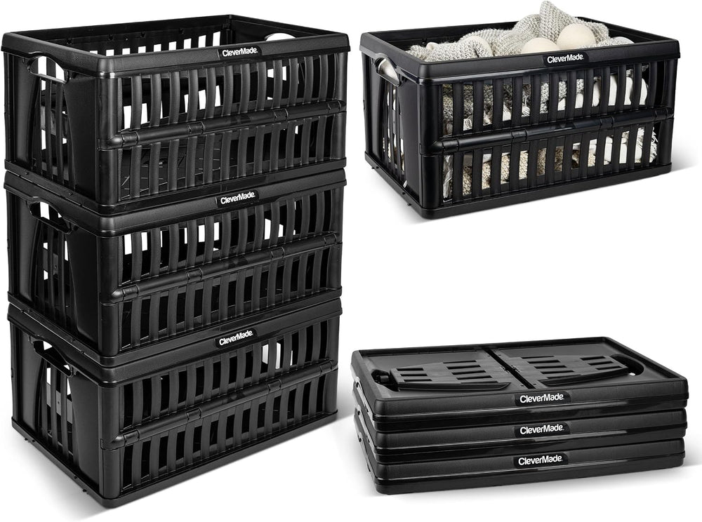 CleverMade Collapsible Utility Crates, 60L Storage Crate, 3 Pack, Obsidian