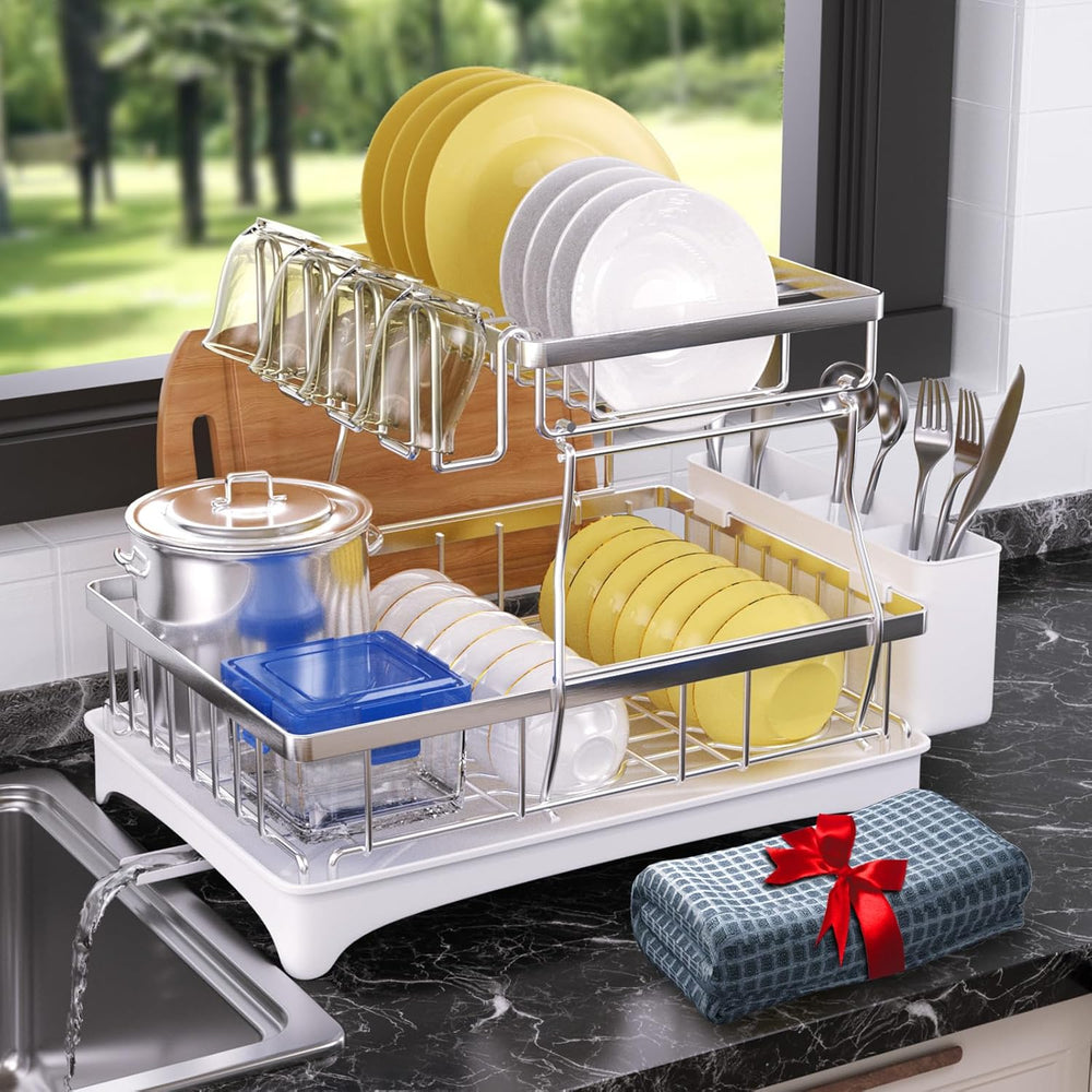 Godboat 2-Tier Dish Drying Rack - 304 Stainless Steel Dish Rack Auto Drain