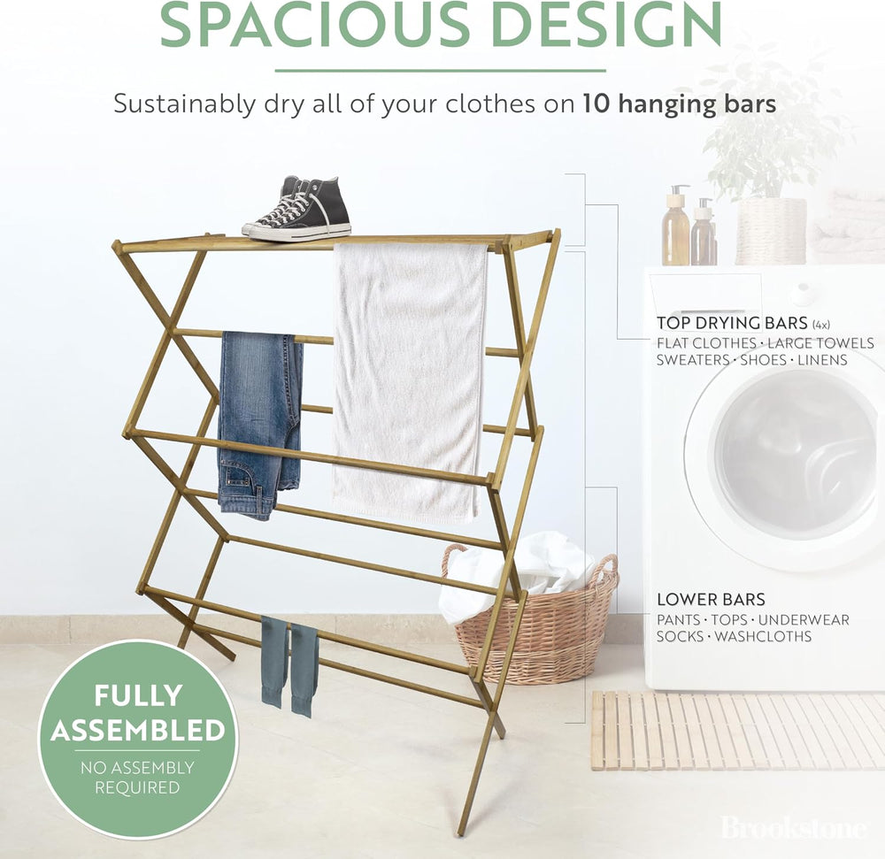 BROOKSTONE, Eco-Friendly Bamboo Drying Rack, Collapsible Laundry Clothes Hang...