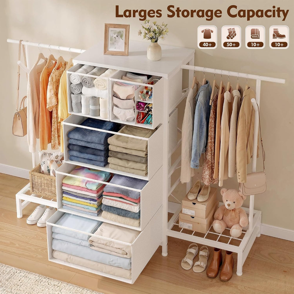 Romorgniz 3-in-1 White Dresser with Hanging Rack, 5 Drawers & 2 Shoe Racks