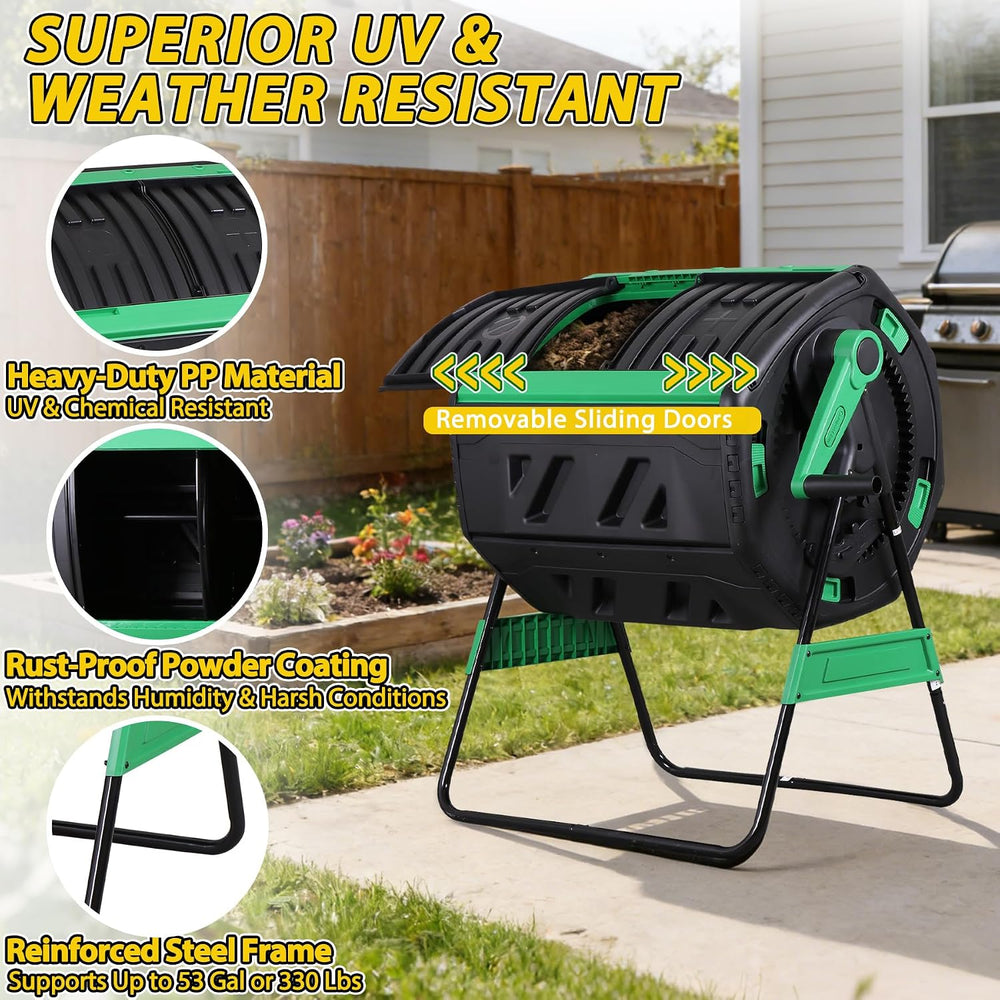 F2C 53Gal Dual Chamber Compost Tumbler, Octagonal Outdoor Compost Bin w/Therm...
