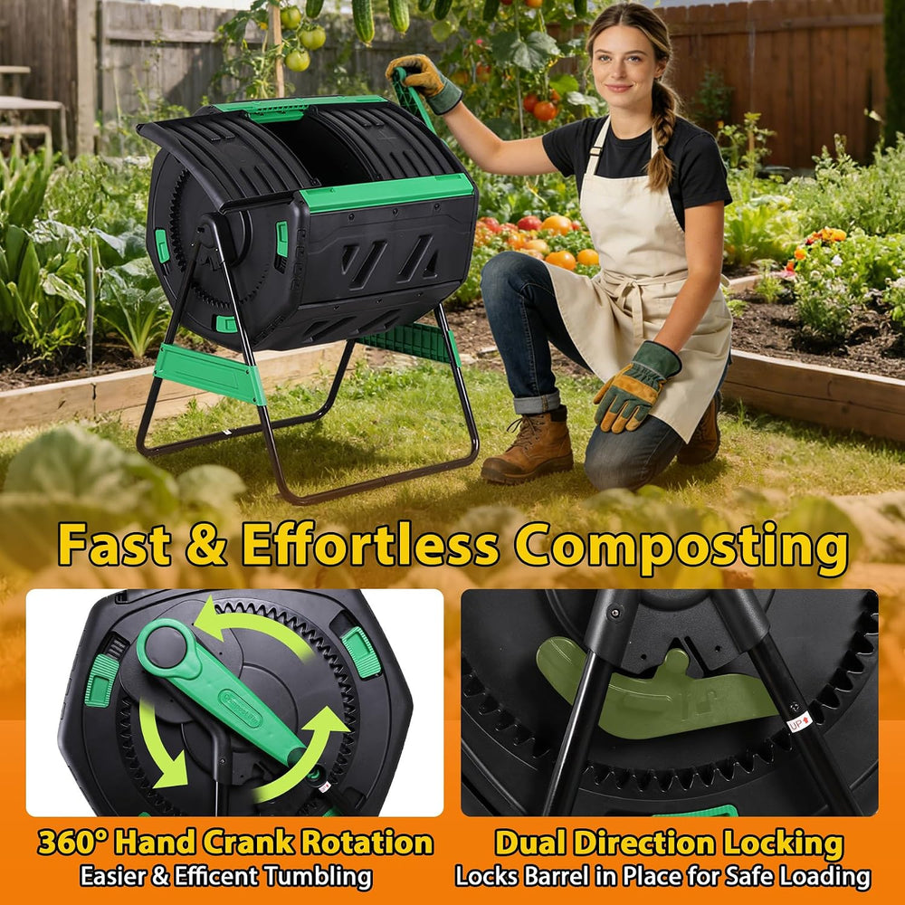 F2C 53Gal Dual Chamber Compost Tumbler, Octagonal Outdoor Compost Bin w/Therm...