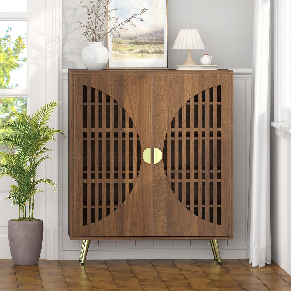 5-Tier Walnut Shoe Storage Cabinet with 2 Slatted Doors, Shoe Cupboard with A...