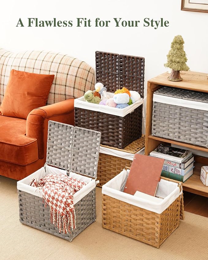Storage Basket with Lid Woven Wicker Baskets with 2 Separate Lid, 9.2 Gallon - Image 8