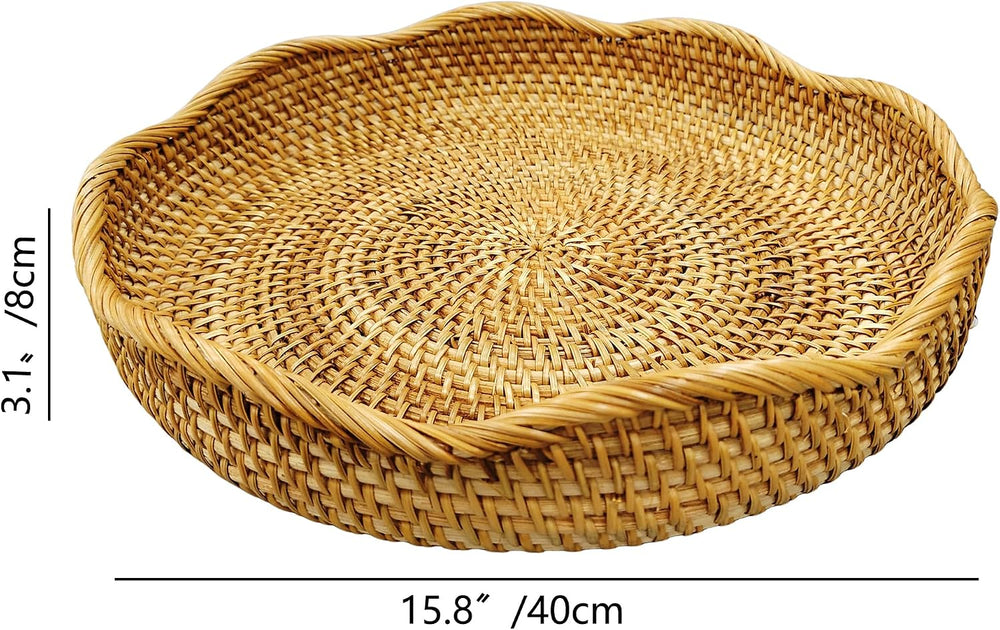 Large 16" Handwoven Rattan Serving Tray & Fruit Basket, Natural Wick...