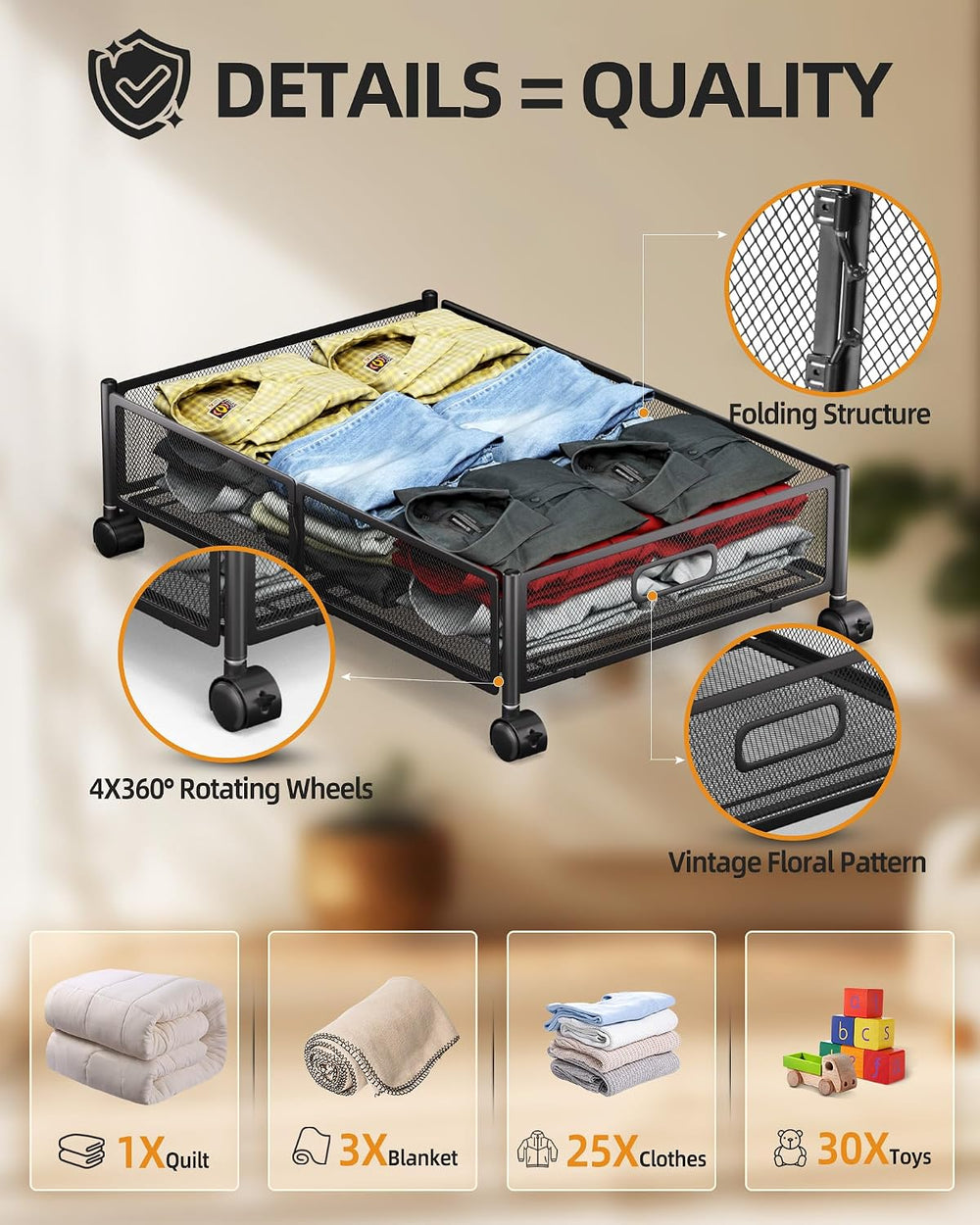 Under Bed Organizer, Storage Bins Under Bed, 60L Underbed Storage Bins for Be...