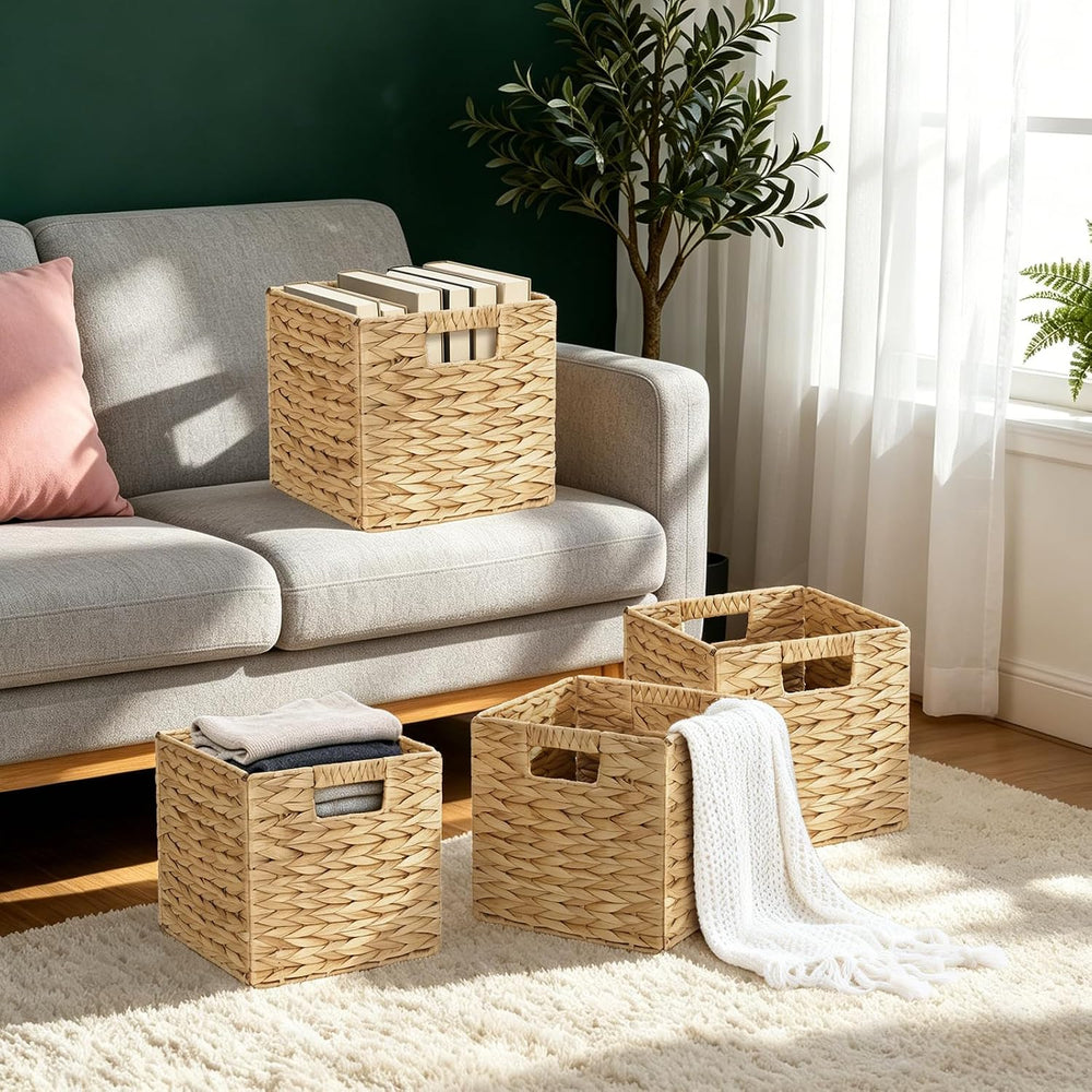 Water Hyacinth Storage Baskets 9in, 4 Pack Wicker Storage Cubes with Handles,...