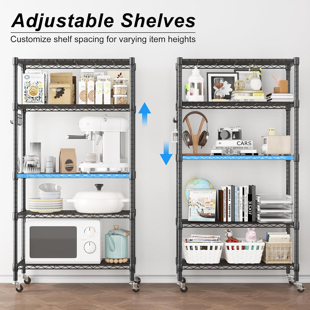 Homdox 5 Tier Metal Storage Shelves with Wheels, Heavy Duty Wire Shelving Uni...