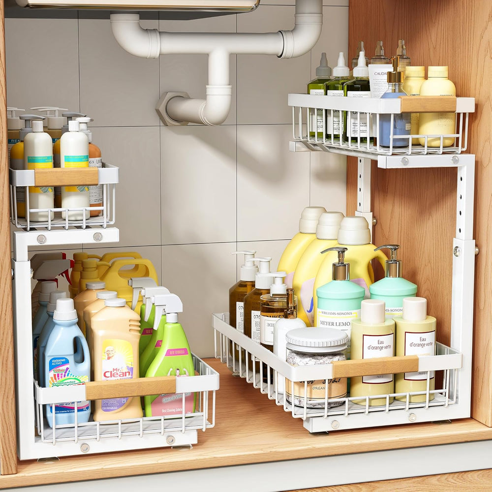 PXRACK Under Sink Organizer, Adjustable Height, 2 Tier Pull Out Under Cabinet...
